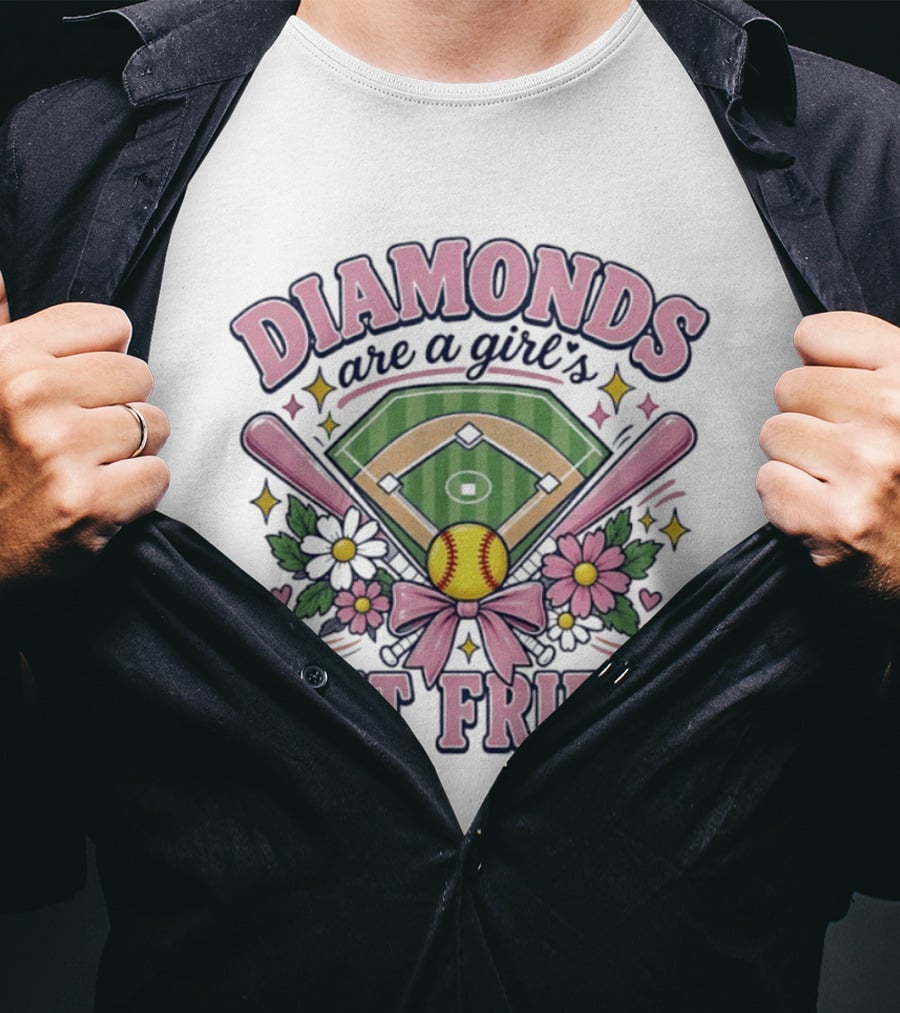 Diamonds Are A Girl's Best Friend Softball Field Pink Bats Floral Stars T-Shirt