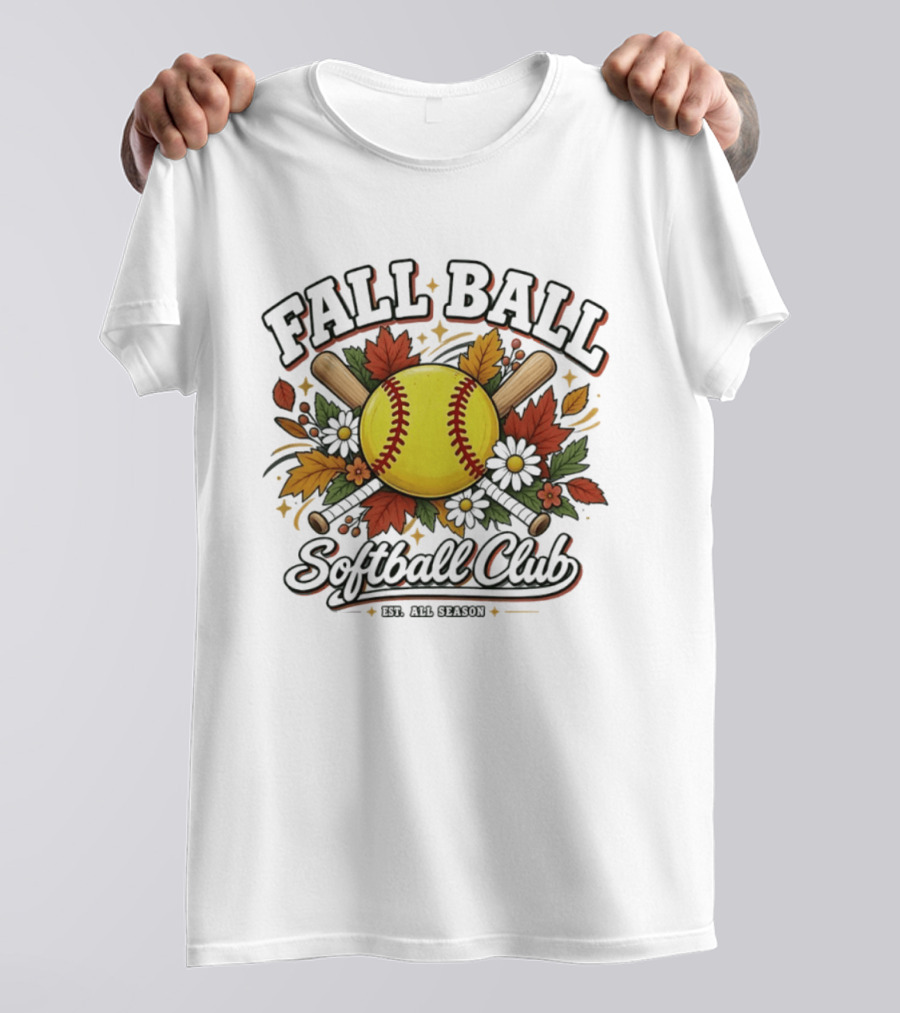 Fall Ball Softball Club Established All Season Autumn Leaves And Bats T-Shirt