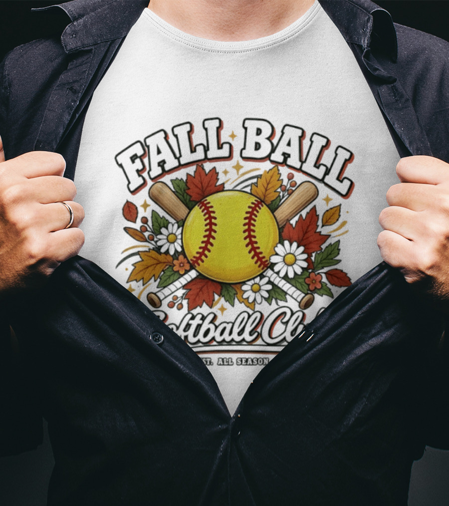 Fall Ball Softball Club Established All Season Autumn Leaves And Bats T-Shirt