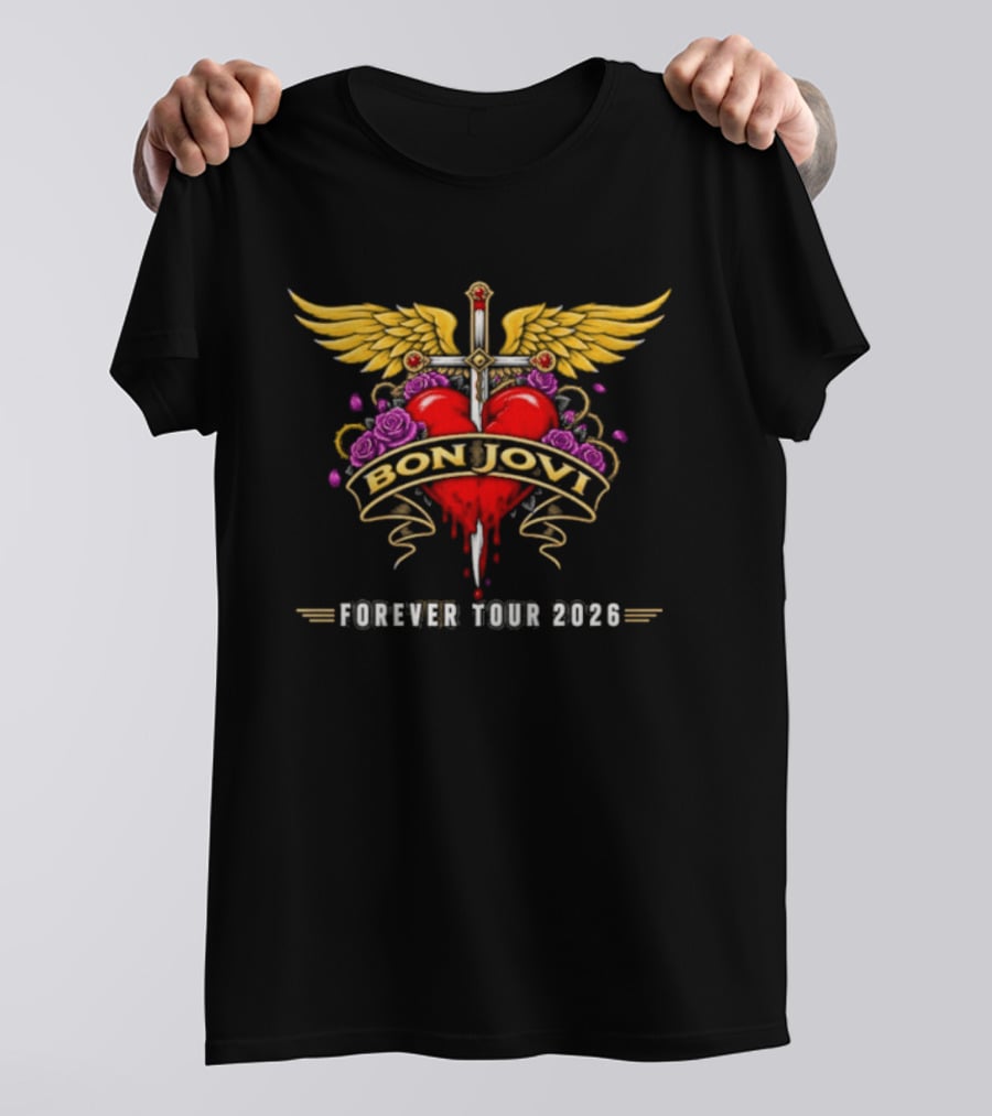 Bon Jovi Forever Tour 2026 Heart And Dagger Wings Roses T-Shirt