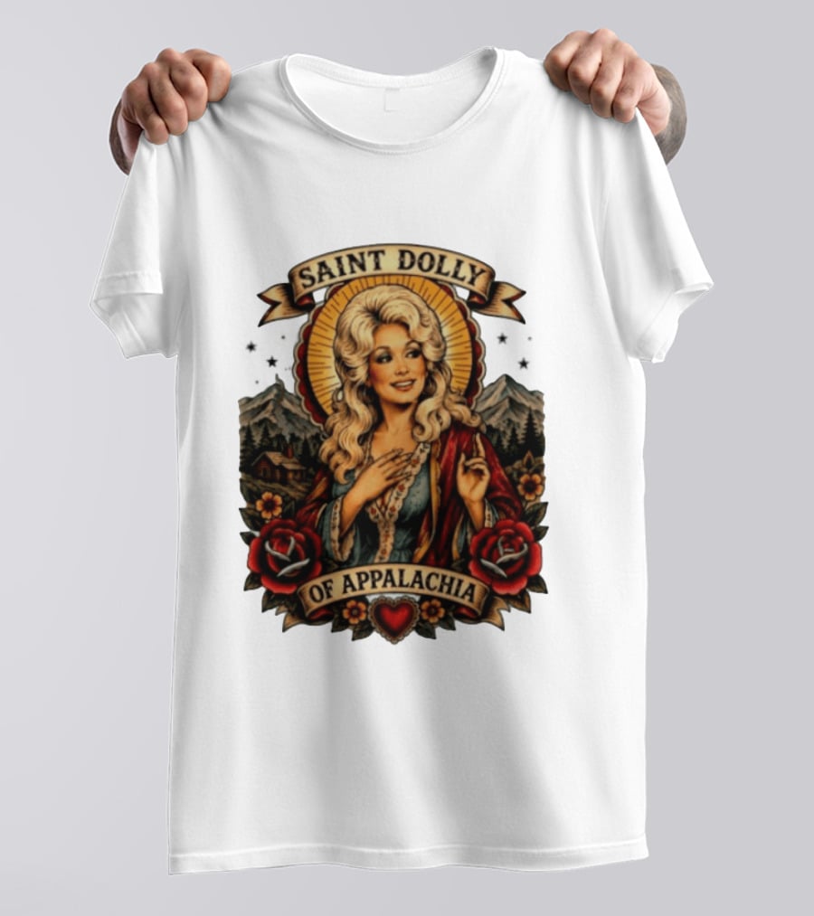 Saint Dolly Of Appalachia Iconic Tribute With Roses And Mountains T-Shirt