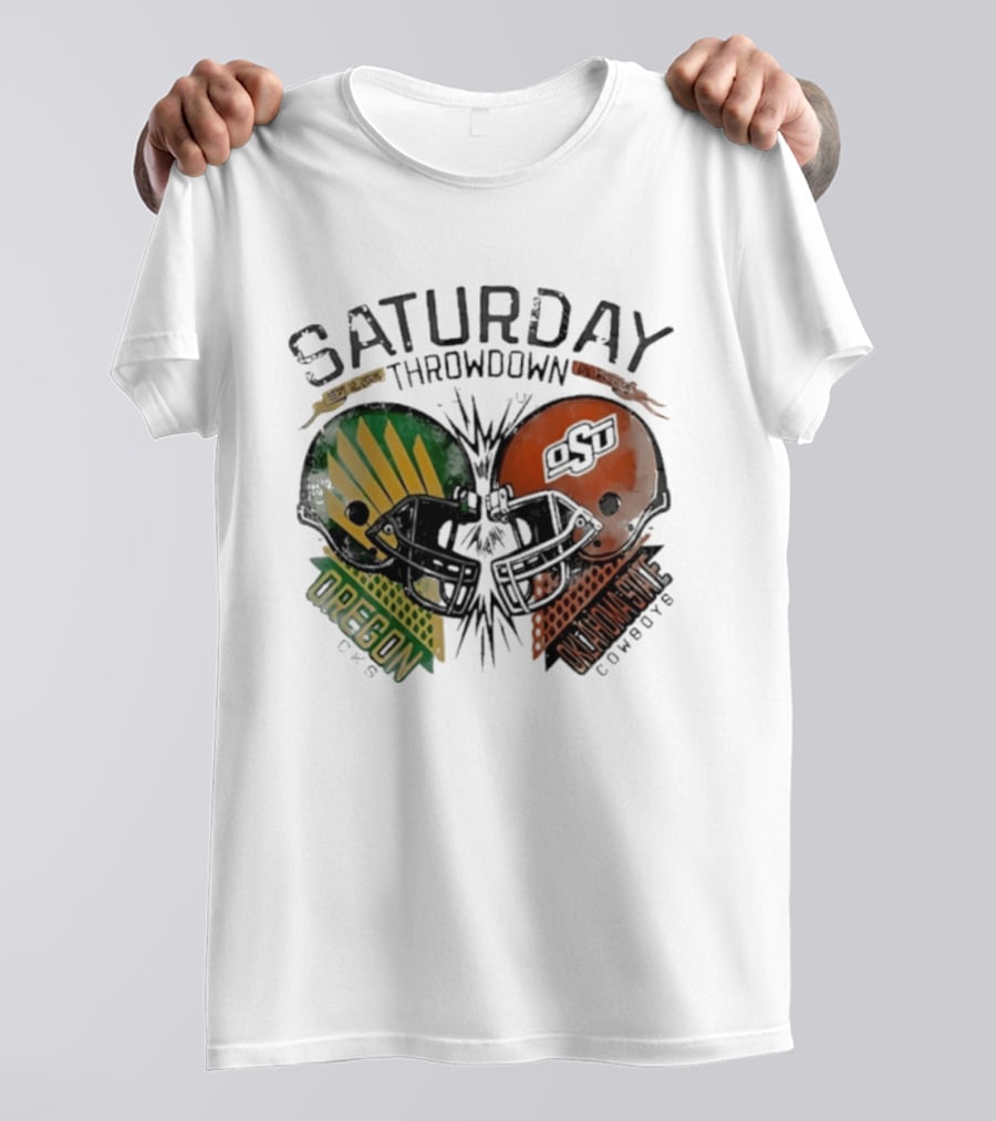 Oklahoma State Vs Oregon Saturday Throwdown 2026 Helmet Clash T-Shirt