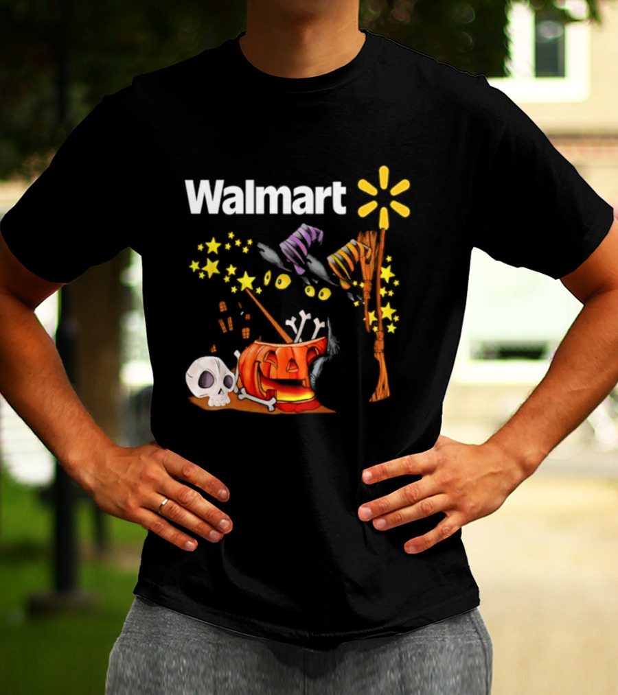 Walmart Halloween 2026 Black Cats With Witch Hats Pumpkin Skull And Stars T-Shirt