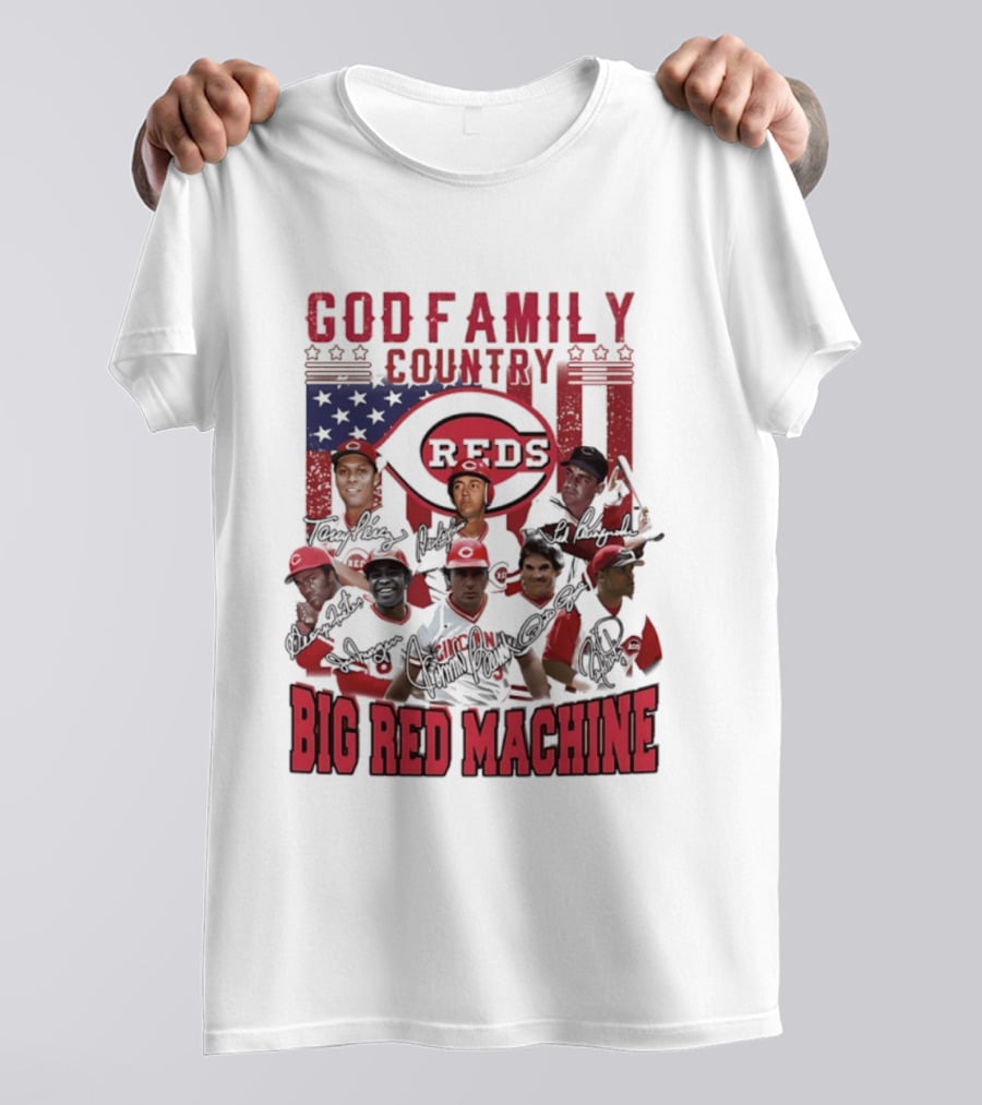 Cincinnati Reds God Family Country Big Red Machine Reds Signatures T-Shirt