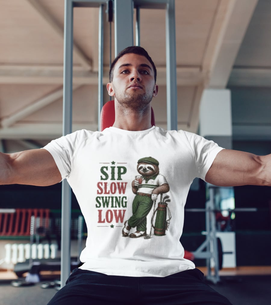 Sip Slow Swing Low Sloth Golfer Drinking Relaxed Golf T-Shirt