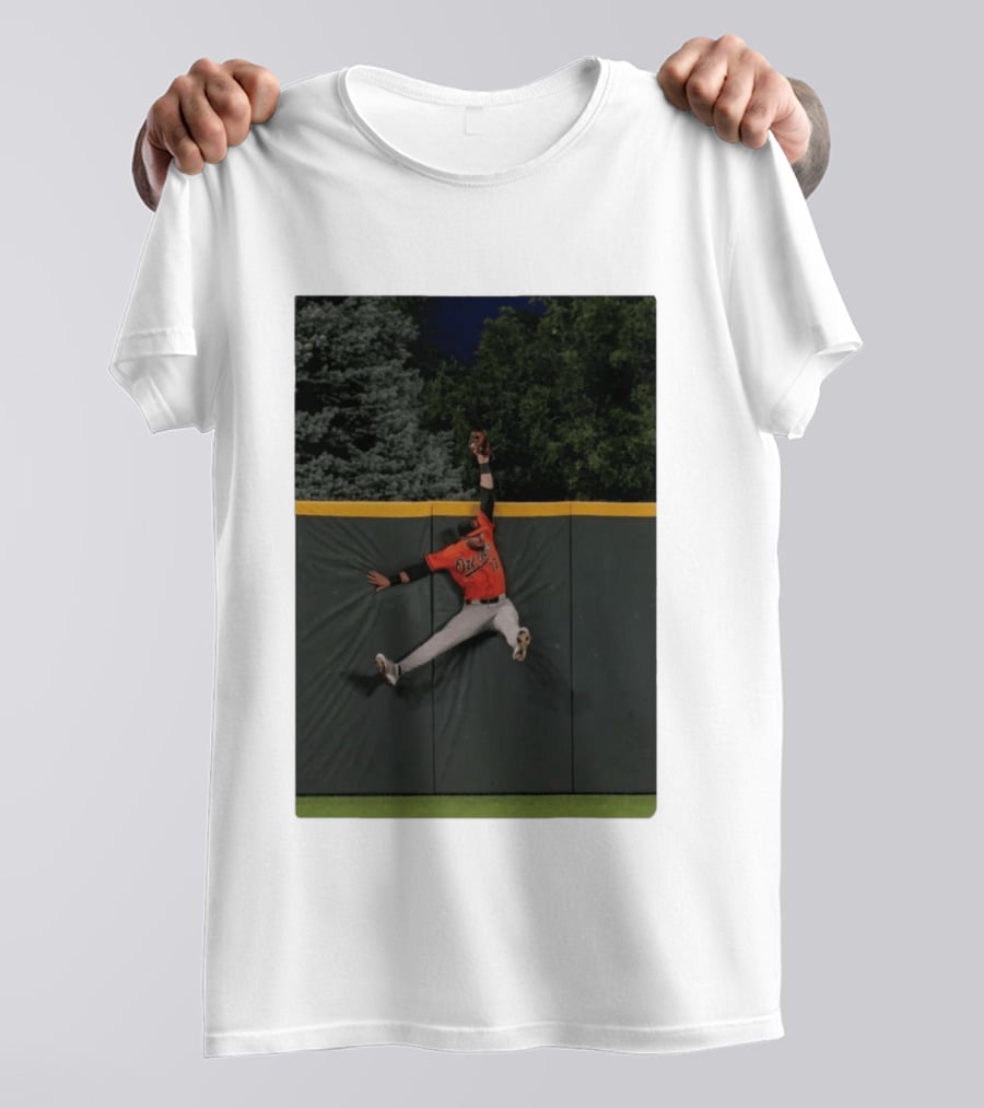 Colton Cowser Catch At Wall Wearing Red O's Jersey In Field Action T-Shirt