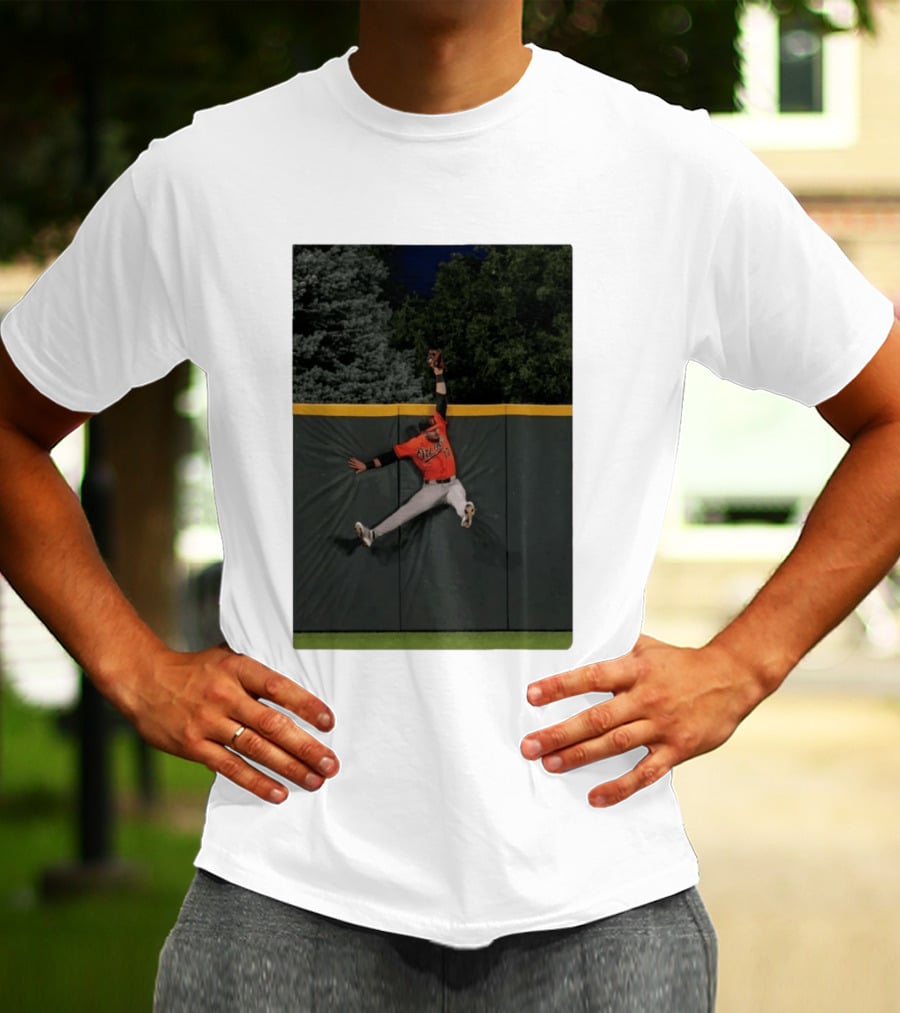 Colton Cowser Catch At Wall Wearing Red O's Jersey In Field Action T-Shirt