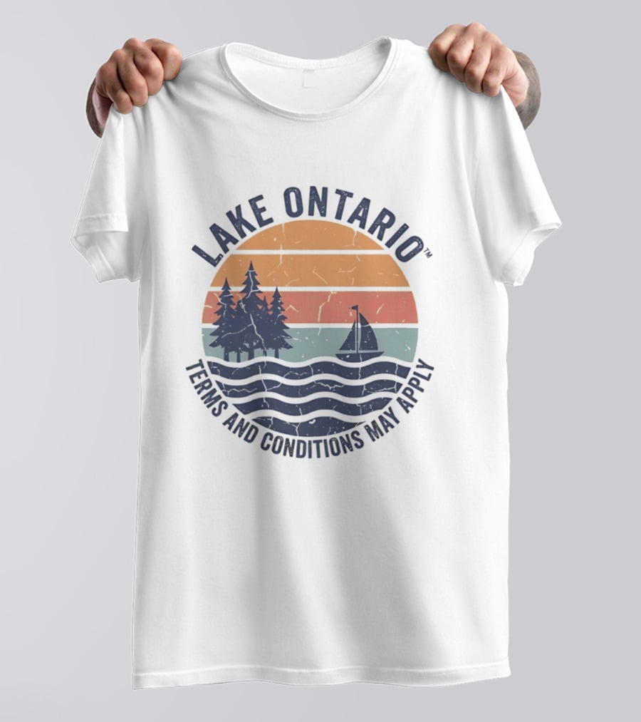 Lake Ontario Terms And Conditions May Apply Sunset Scene With Sailboat And Trees T-Shirt