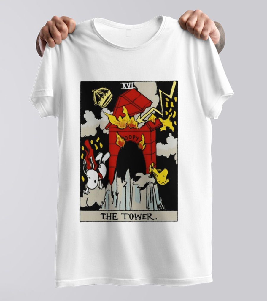 Snoopy The Tower Tarot Card XVII Lightning Flames Clouds Woodstock T-Shirt
