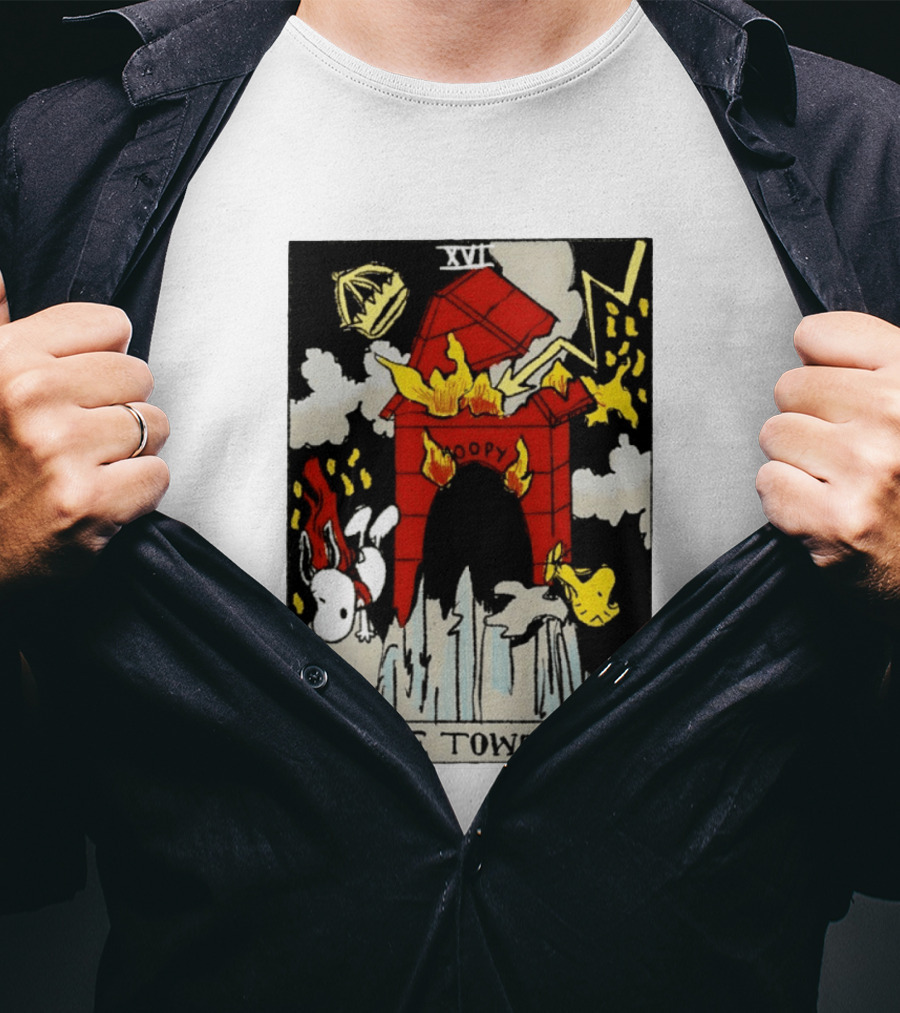 Snoopy The Tower Tarot Card XVII Lightning Flames Clouds Woodstock T-Shirt