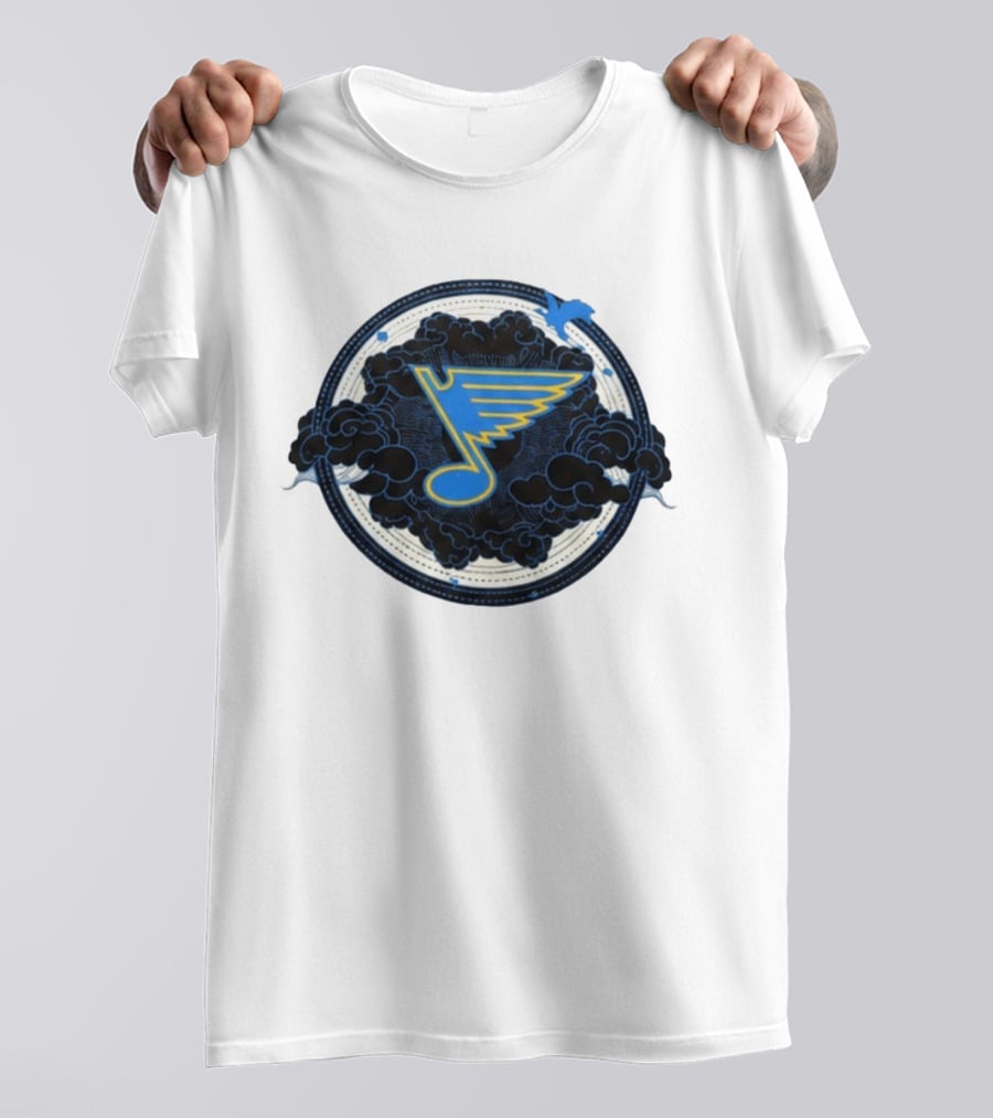 STL Blues Fourth Wing Night 2026 Circle Blue Emblem With Musical Note And Clouds T-Shirt