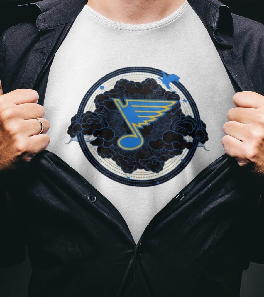 STL Blues Fourth Wing Night 2026 Circle Blue Emblem With Musical Note And Clouds T-Shirt