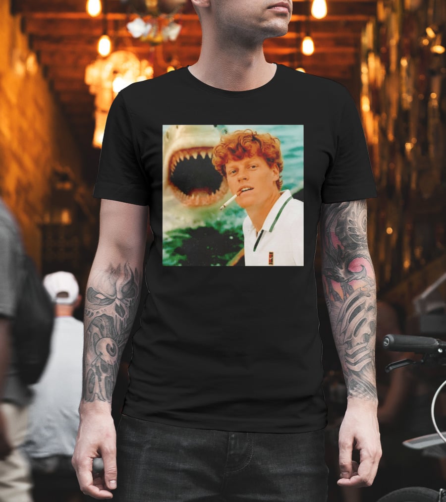Jannik Sinner Smoking With Jaws Shark Behind T-Shirt