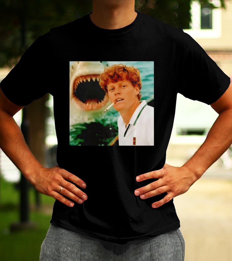 Jannik Sinner Smoking With Jaws Shark Behind T-Shirt