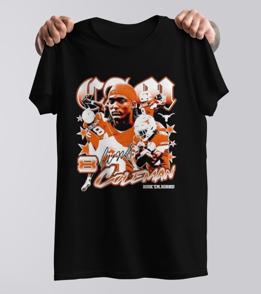Cameron Coleman 8 Texas Longhorns NCAA Football Star Player Action T-Shirt
