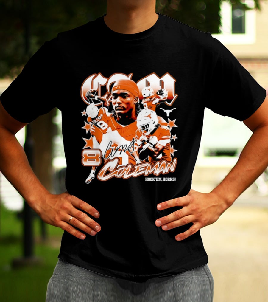 Cameron Coleman 8 Texas Longhorns NCAA Football Star Player Action T-Shirt