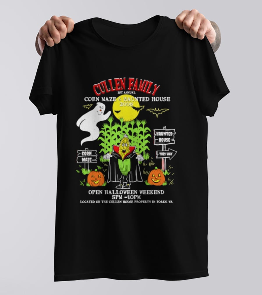 Cullen Family 1st Annual Corn Maze And Haunted House 2008 Halloween Weekend Event Promo With Ghosts And Pumpkins T-Shirt