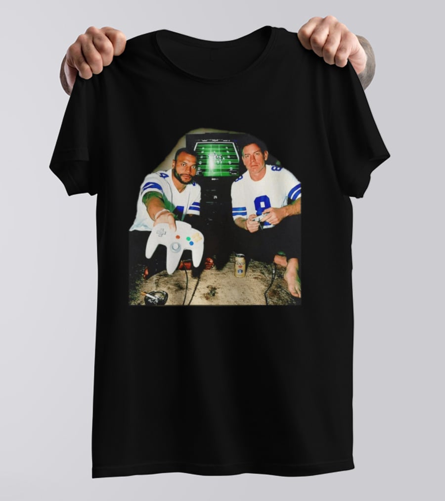 Dak Prescott Troy Aikman Dallas Cowboys Retro Gaming Session T-Shirt