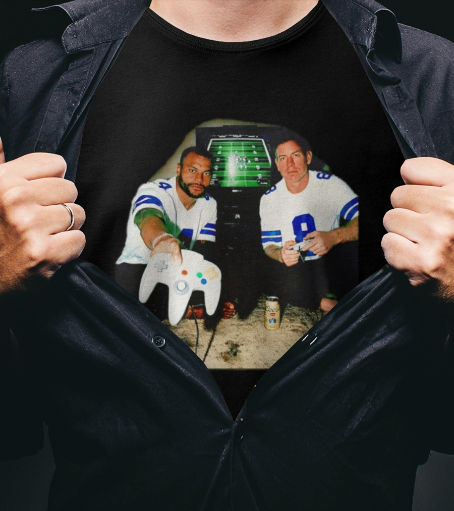 Dak Prescott Troy Aikman Dallas Cowboys Retro Gaming Session T-Shirt