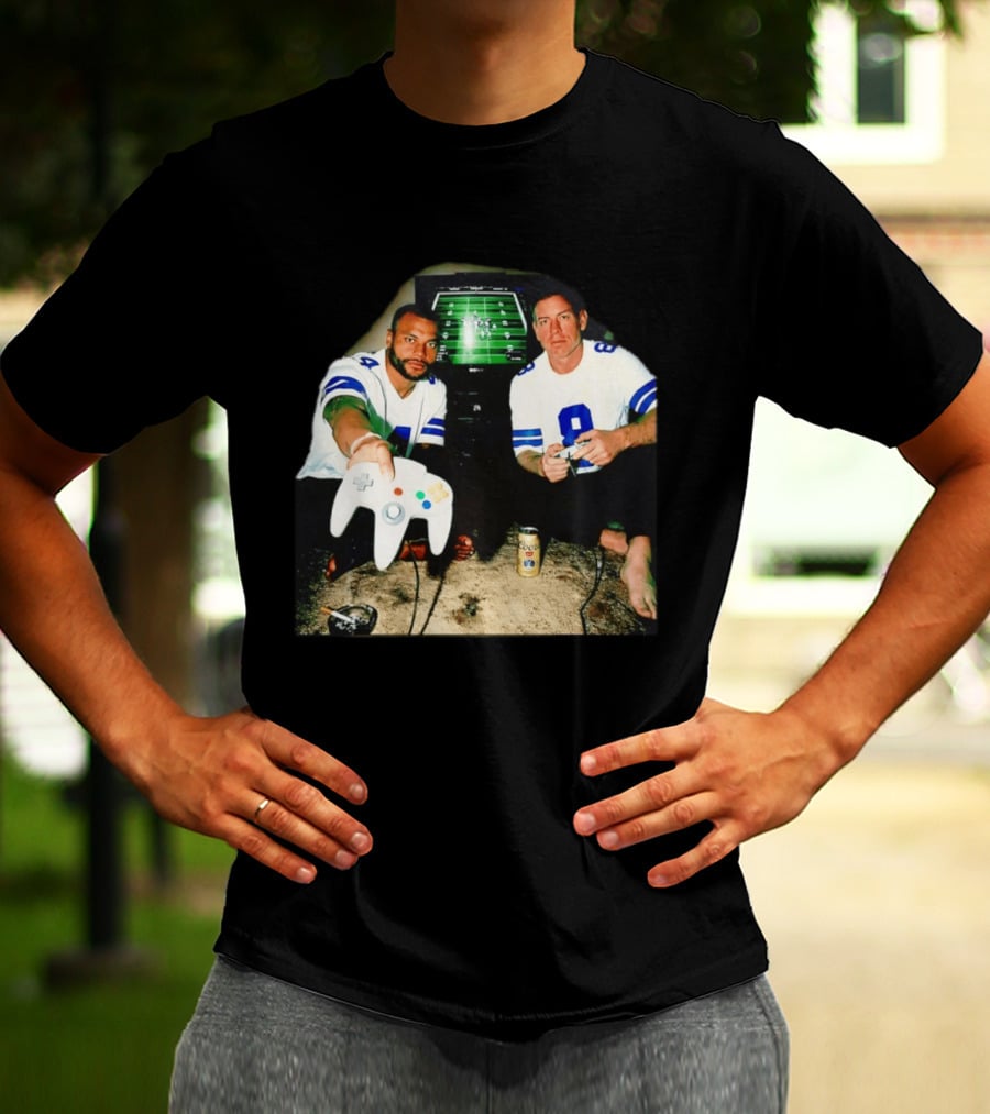 Dak Prescott Troy Aikman Dallas Cowboys Retro Gaming Session T-Shirt