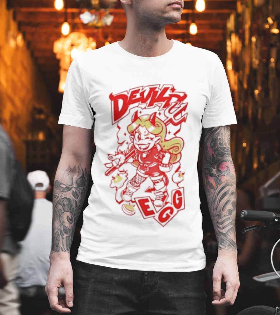 Devil Egg Cartoon Character With Pitchfork And Horns T-Shirt