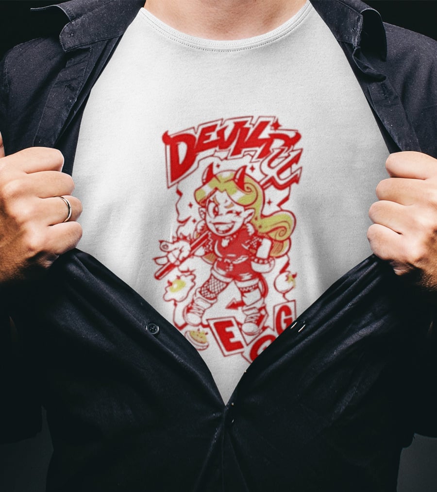 Devil Egg Cartoon Character With Pitchfork And Horns T-Shirt