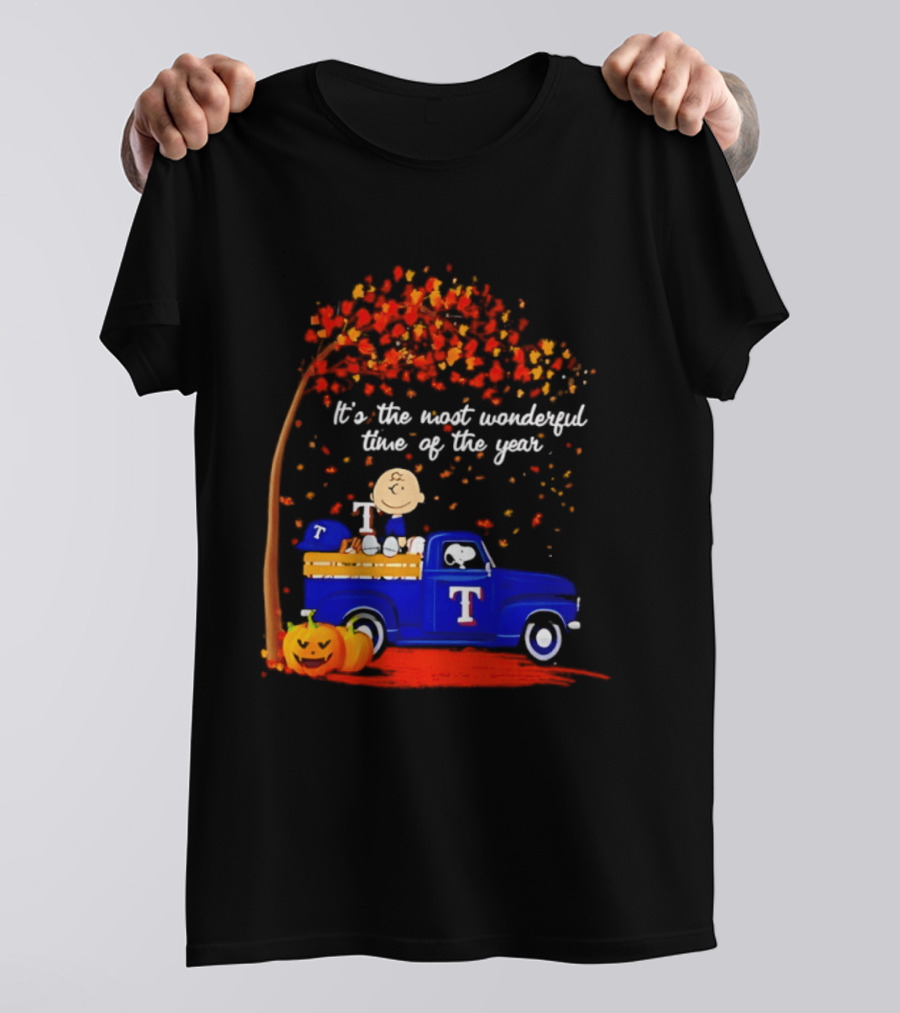 Snoopy Charlie Brown Texas Rangers Halloween 2026 It's The Most Wonderful Time Of The Year Truck Pumpkins T-Shirt