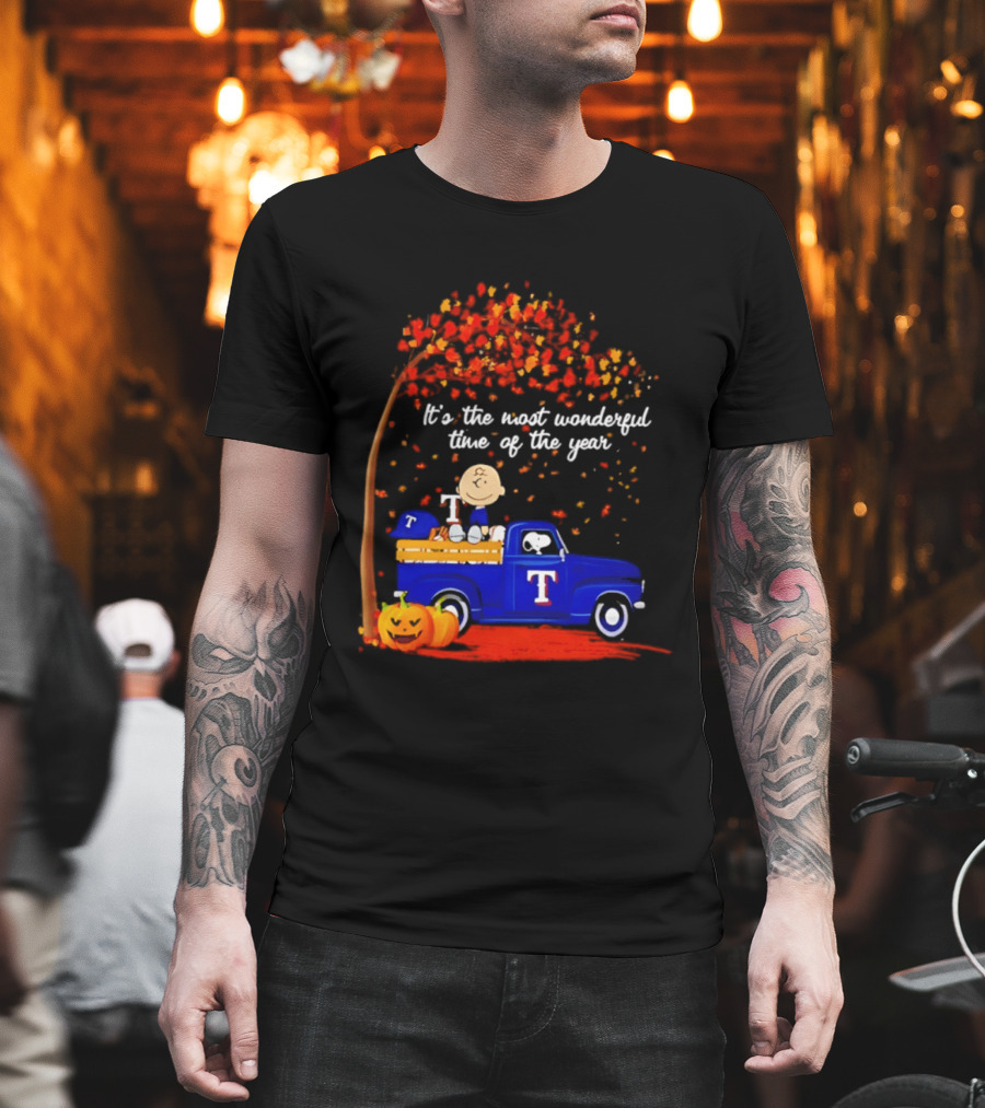 Snoopy Charlie Brown Texas Rangers Halloween 2026 It's The Most Wonderful Time Of The Year Truck Pumpkins T-Shirt