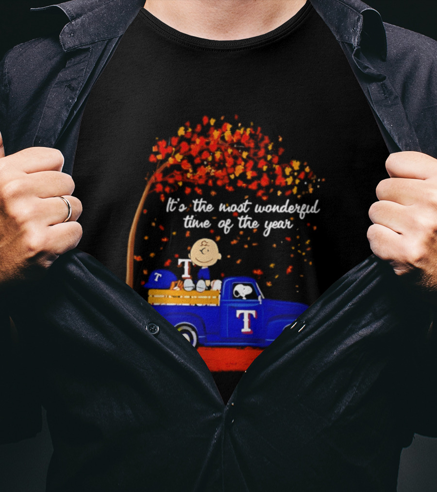 Snoopy Charlie Brown Texas Rangers Halloween 2026 It's The Most Wonderful Time Of The Year Truck Pumpkins T-Shirt
