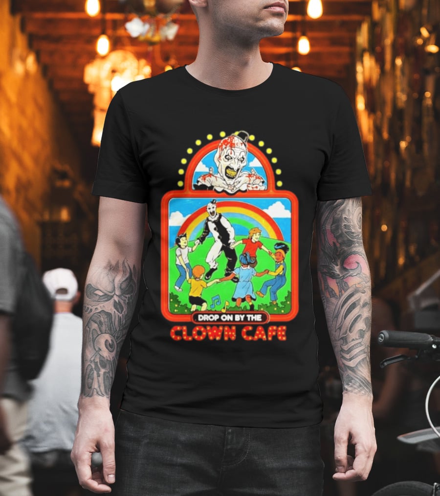 Drop On By The Clown Cafe Creepy Clown Horror With Rainbow And Dancing Kids T-Shirt