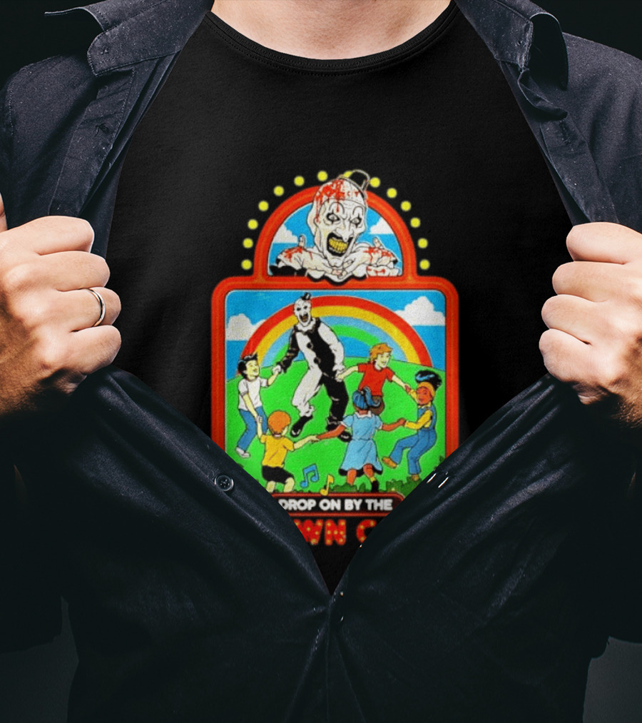Drop On By The Clown Cafe Creepy Clown Horror With Rainbow And Dancing Kids T-Shirt