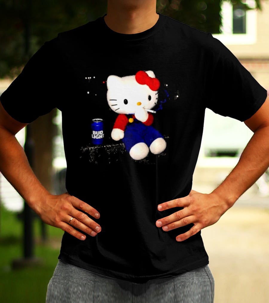 Hello Kitty With Smoking And Bud Light Can T-Shirt