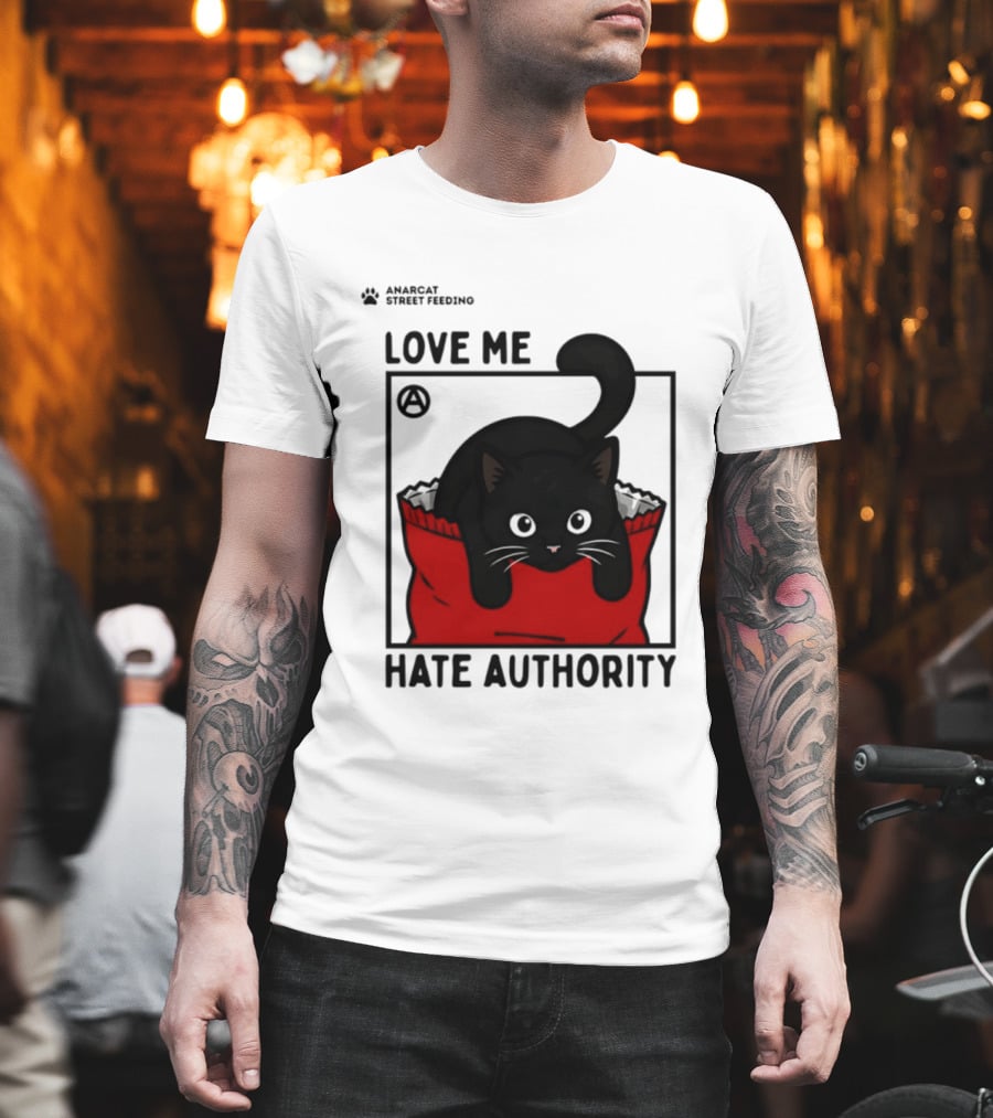 Anarcat Street Feeding Love Me Hate Authority Black Cat Red Bag T-Shirt