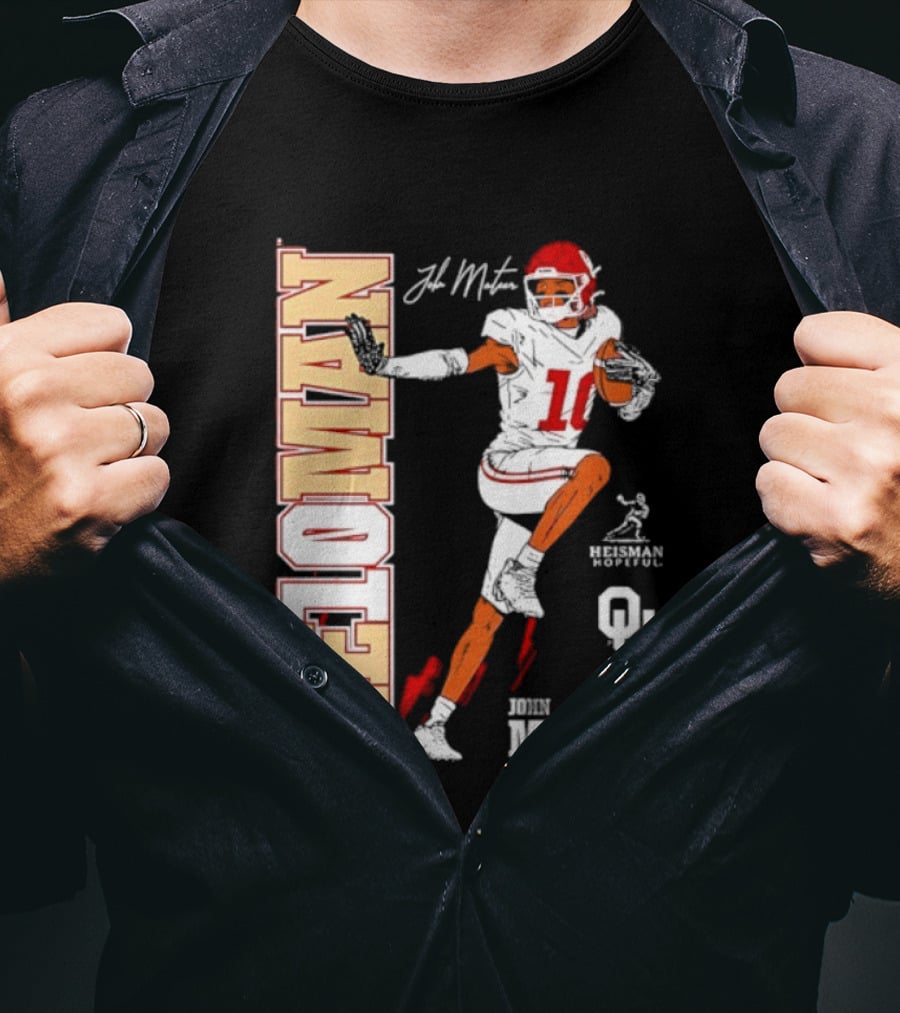 HE10MAN J Mateer Oklahoma Sooners Heisman Stance Player Number 10 T-Shirt