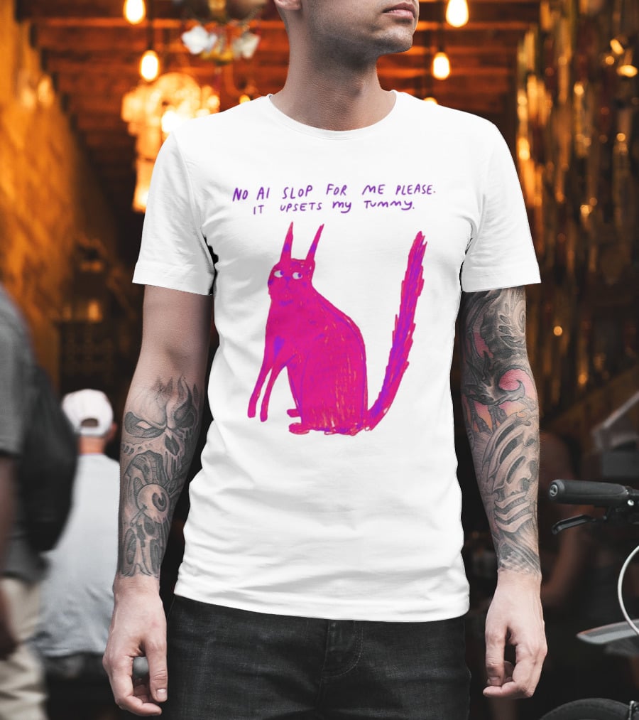 No AI Slop For Me Please It Upsets My Tummy Pink Cat T-Shirt
