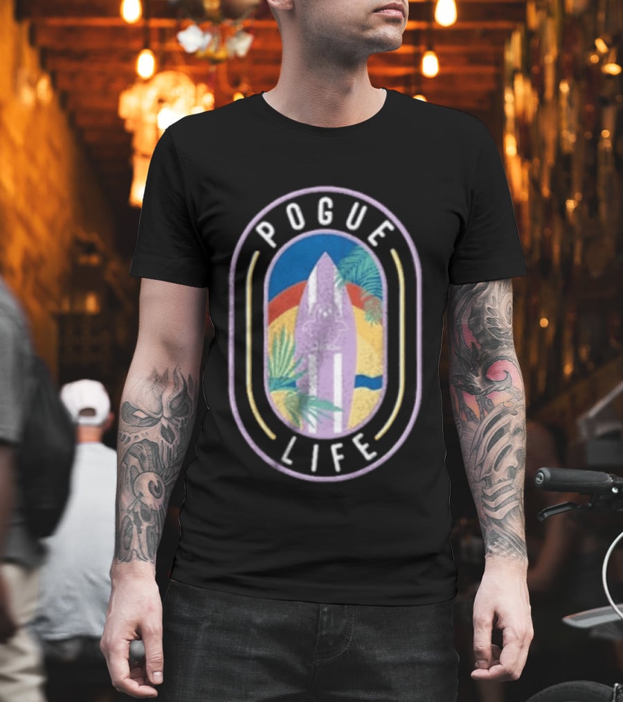Pogue Life Surfboard And Palm Tree Colorful Tropical T-Shirt