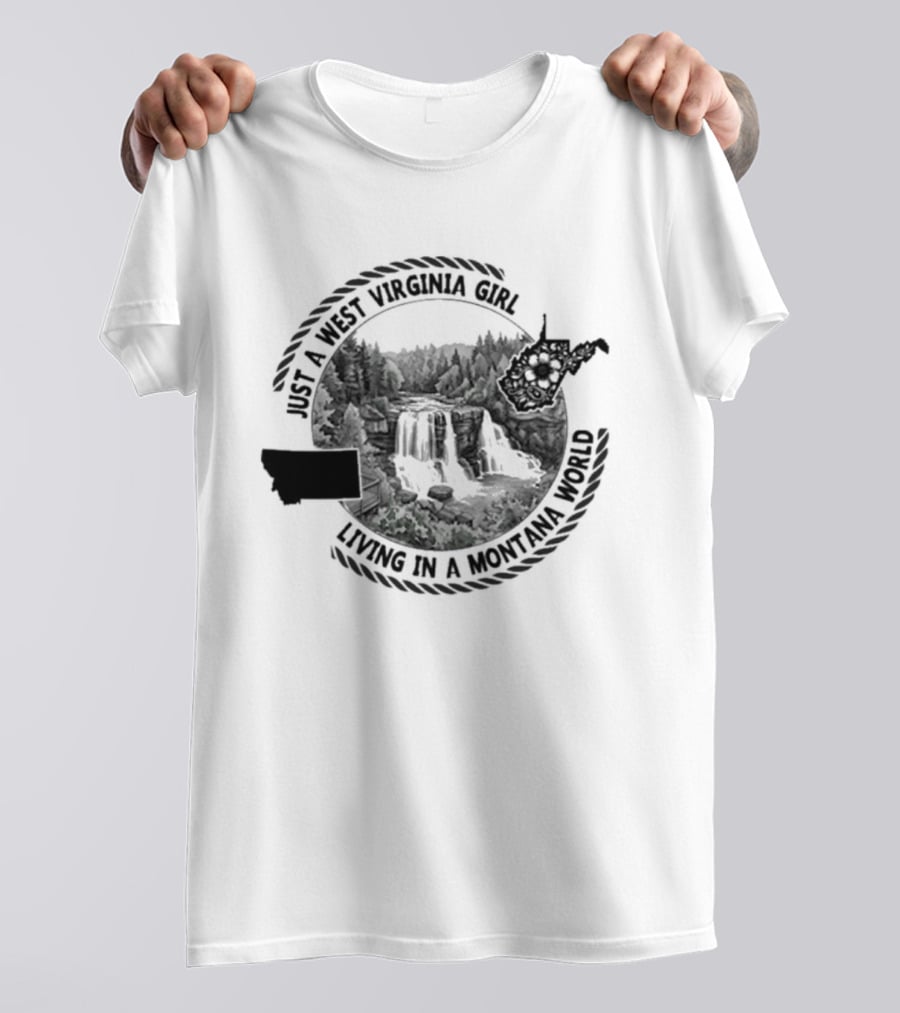 AI West Virginia Girl Living In A Montana World Forest Waterfall Scene T-Shirt