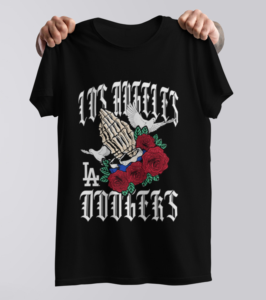 Los Angeles Dodgers Gothic Bloom Praying Hands Roses Halloween 2026 T-Shirt