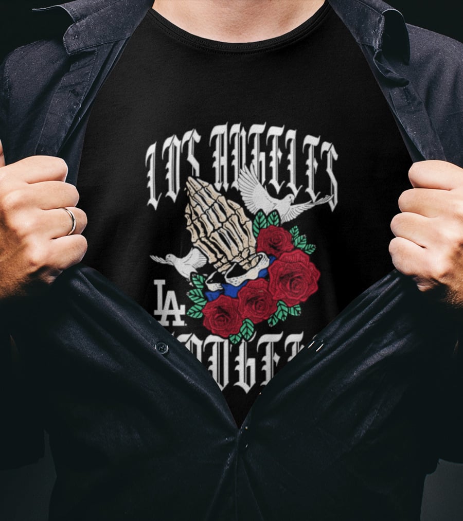 Los Angeles Dodgers Gothic Bloom Praying Hands Roses Halloween 2026 T-Shirt