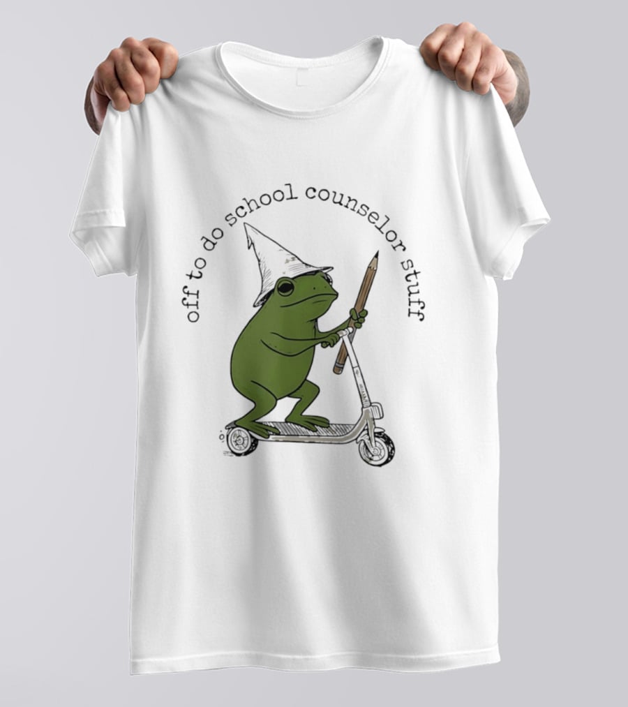 Frog Off To Do School Counselor Stuff With Wizard Hat Riding Scooter T-Shirt
