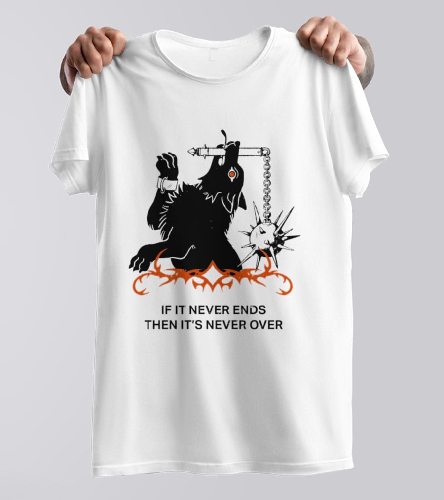 If It Never Ends Then It's Never Over Gothic Skeleton Warrior With Spiked Mace And Orange Flames T-Shirt
