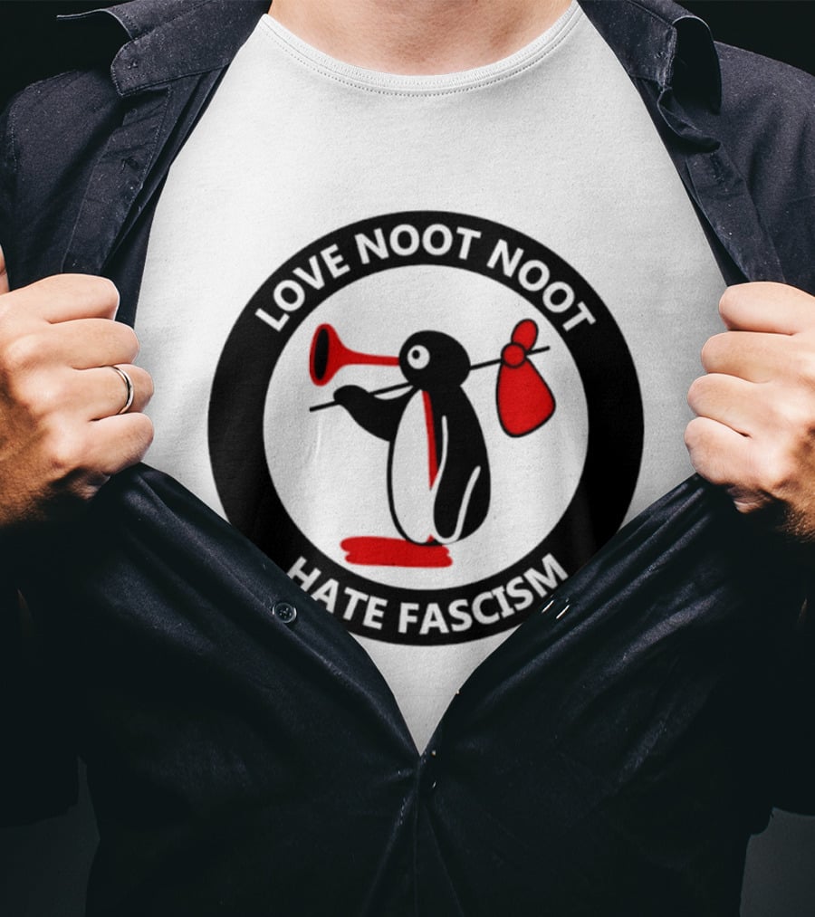 Love Noot Noot Hate Fascism Penguin Carrying Red Bag T-Shirt