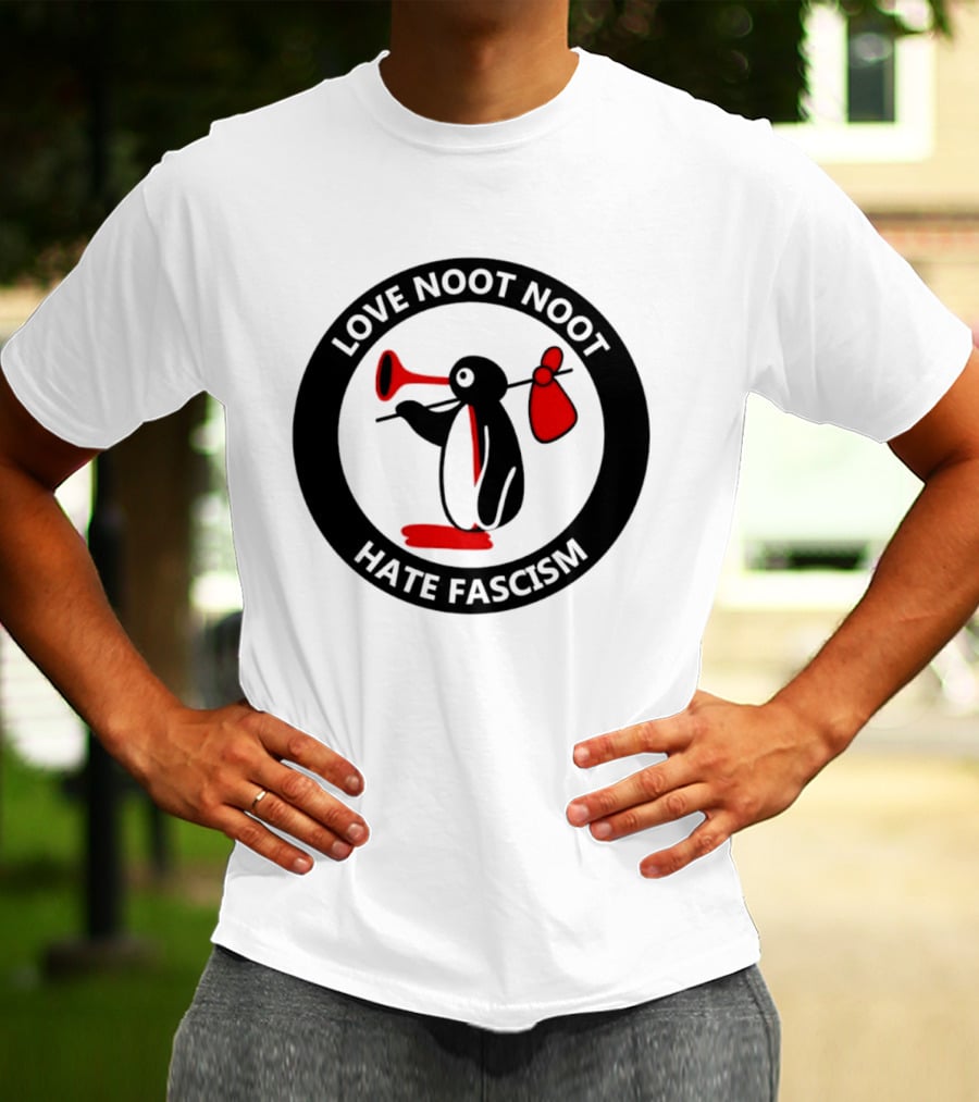 Love Noot Noot Hate Fascism Penguin Carrying Red Bag T-Shirt