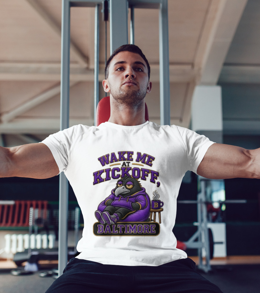 Wake Me At Kickoff Baltimore Purple Bird With Coffee T-Shirt