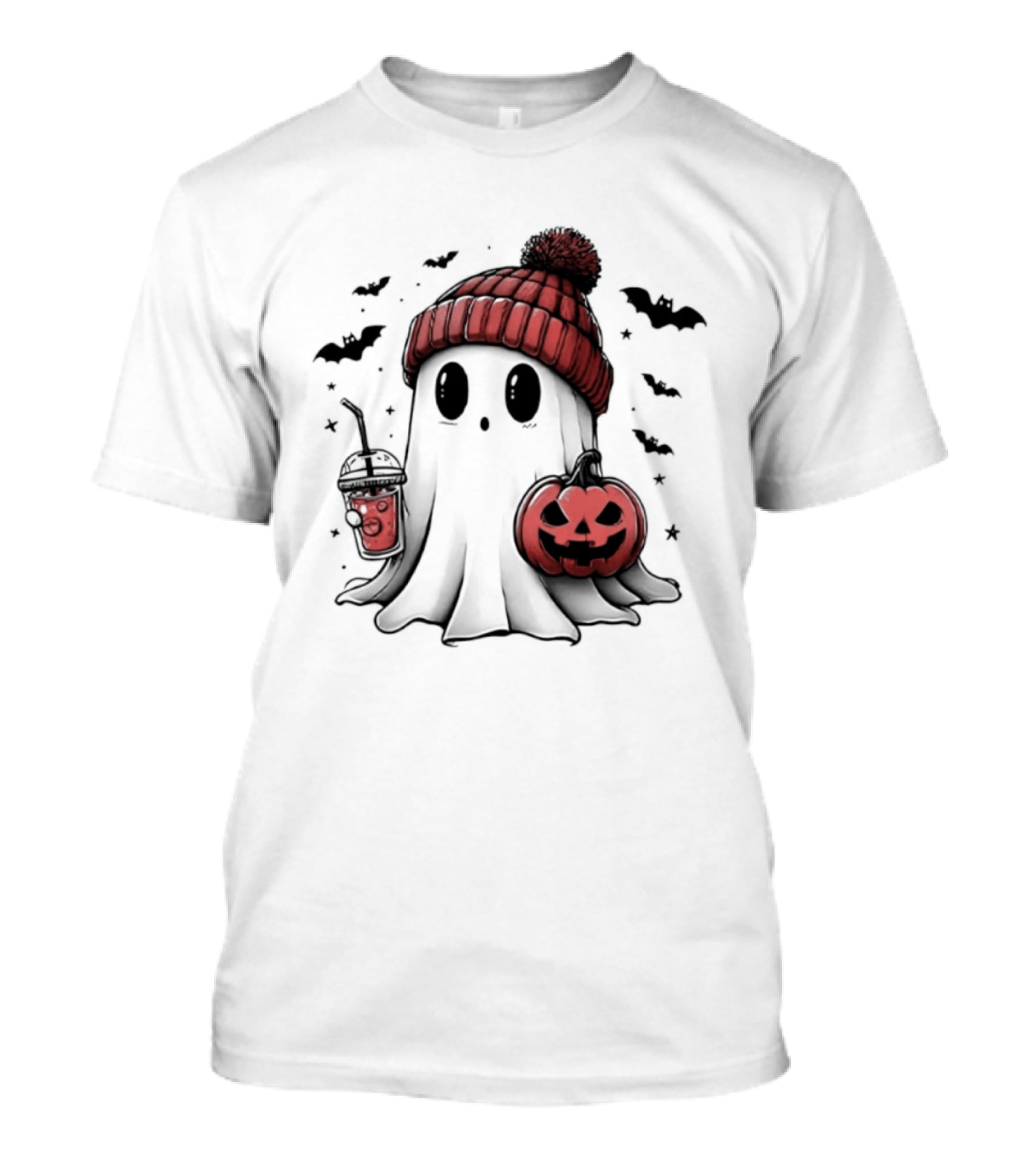 Ghost In Beanie With Pumpkin And Coffee Halloween 2026 T-Shirt