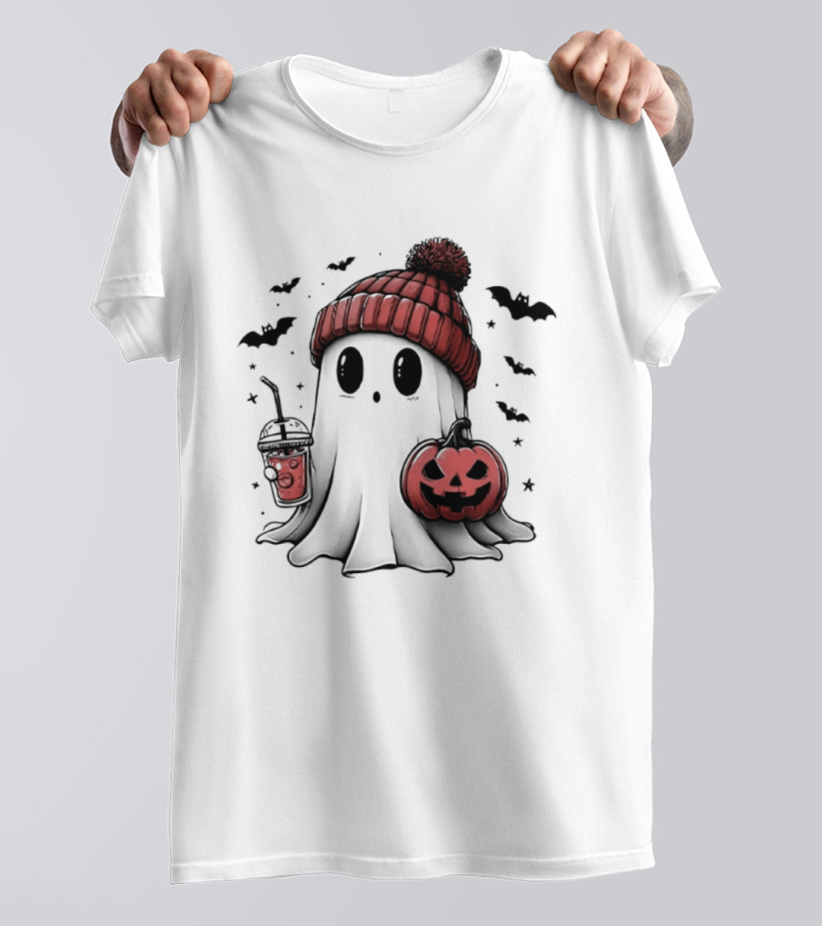 Ghost In Beanie With Pumpkin And Coffee Halloween 2026 T-Shirt