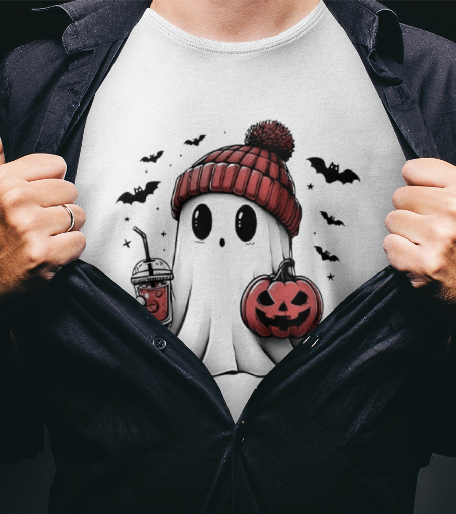 Ghost In Beanie With Pumpkin And Coffee Halloween 2026 T-Shirt