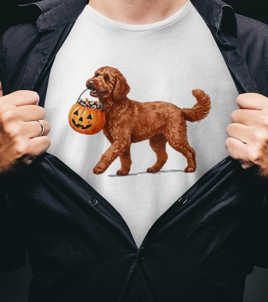 Goldendoodle Halloween Spooky Dog 2026 Pumpkin Treat Bucket T-Shirt