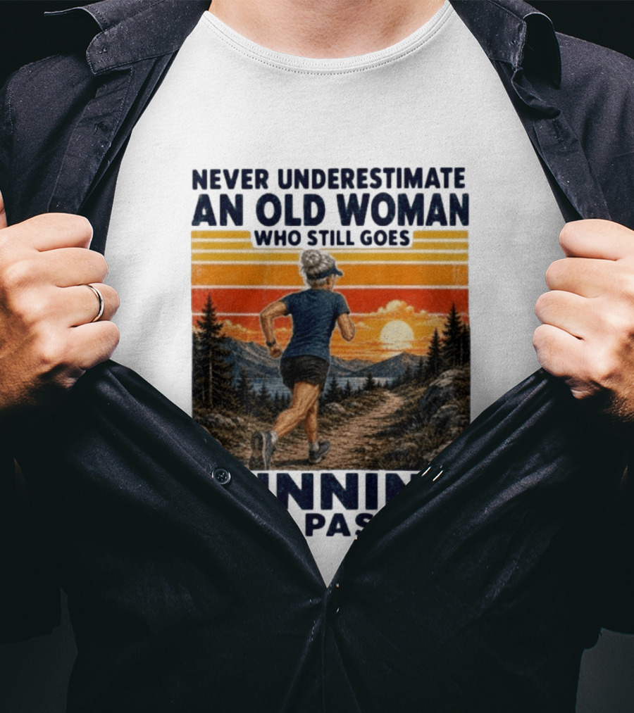 Never Underestimate An Old Woman Who Still Goes Running With Passion Sunset Scenery T-Shirt
