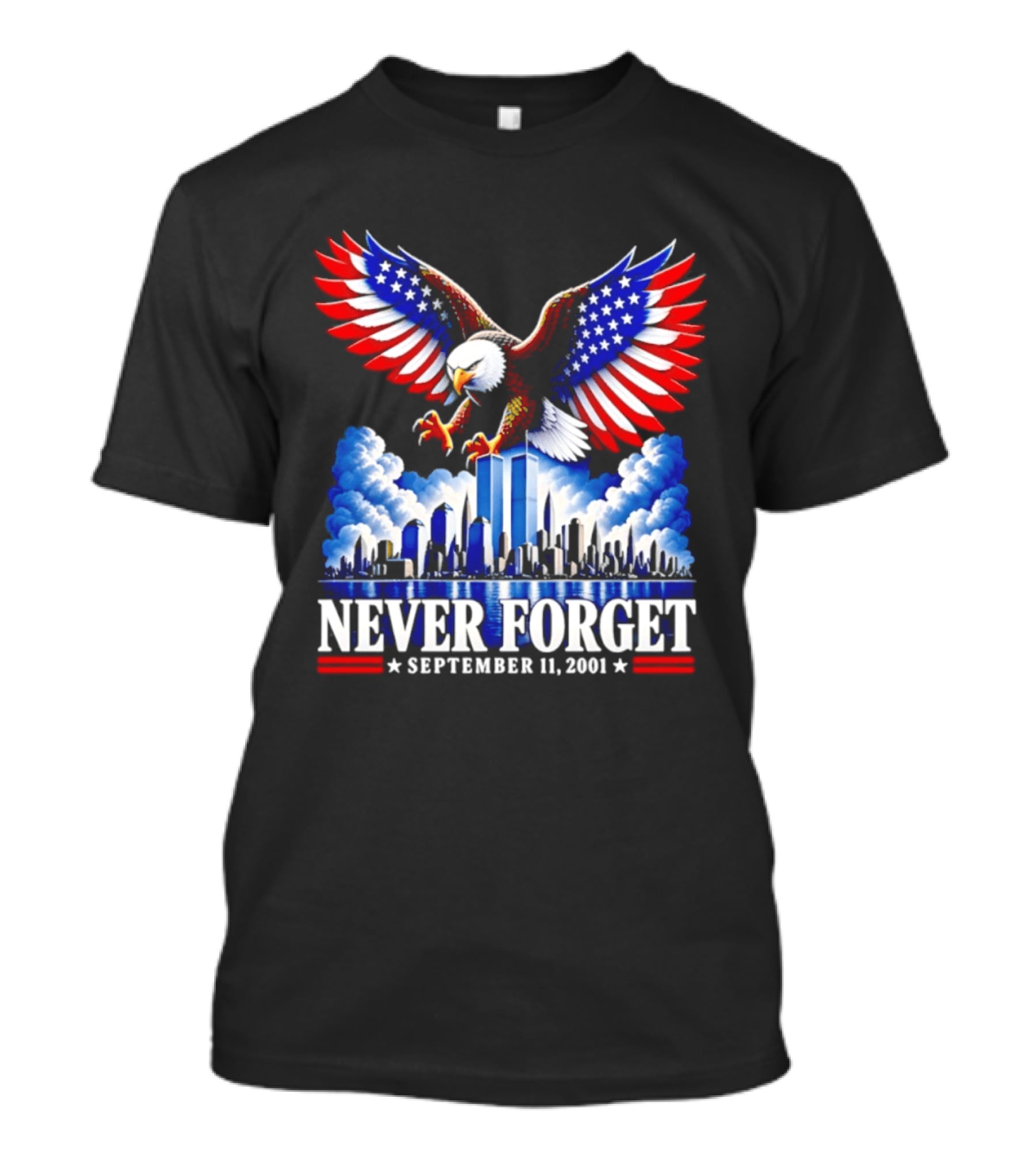 Never Forget September 11 2001 Eagle American Flag Twin Towers Memorial T-Shirt